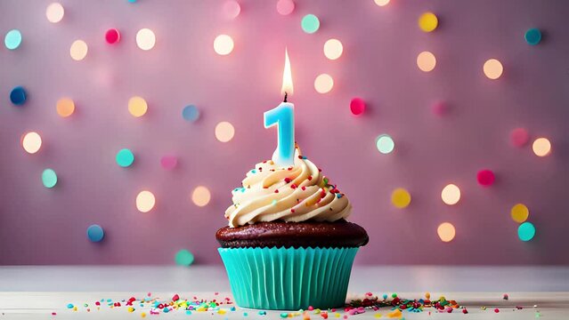 Birthday cupcake with lit birthday candle. Number one for one year or first anniversary.