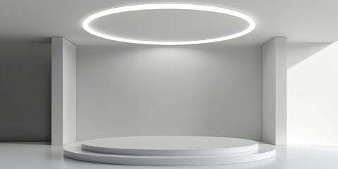 White circular stage with ceiling light on white wall  background, Minimalist circular stage with ambient lighting creating a sleek and modern presentation environment.empty white stage room
