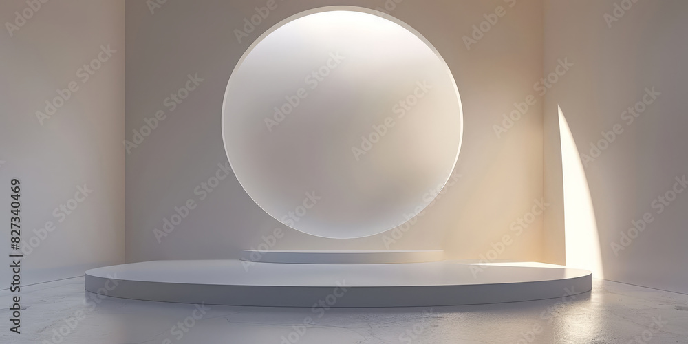 Poster white circular stage with ceiling light on white wall background, minimalist circular stage with amb