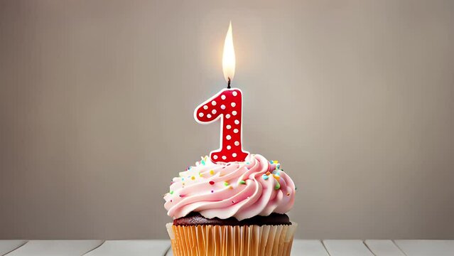 Birthday cupcake with lit birthday candle. Number one for one year or first anniversary.