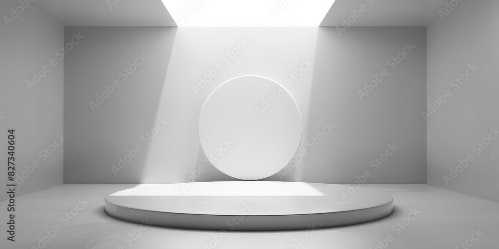 Poster white circular stage with ceiling light on white wall background, minimalist circular stage with amb