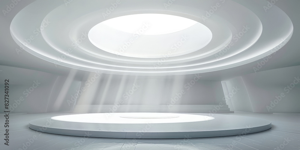 Poster white circular stage with ceiling light on white wall background, minimalist circular stage with amb