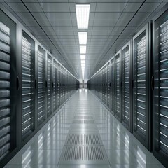 Fototapeta premium A long, brightly lit hallway with rows of server racks on either side.