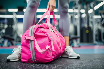 A hand, clad in grey leggings and sneakers, picks up a pink sports bag from the gym floor.