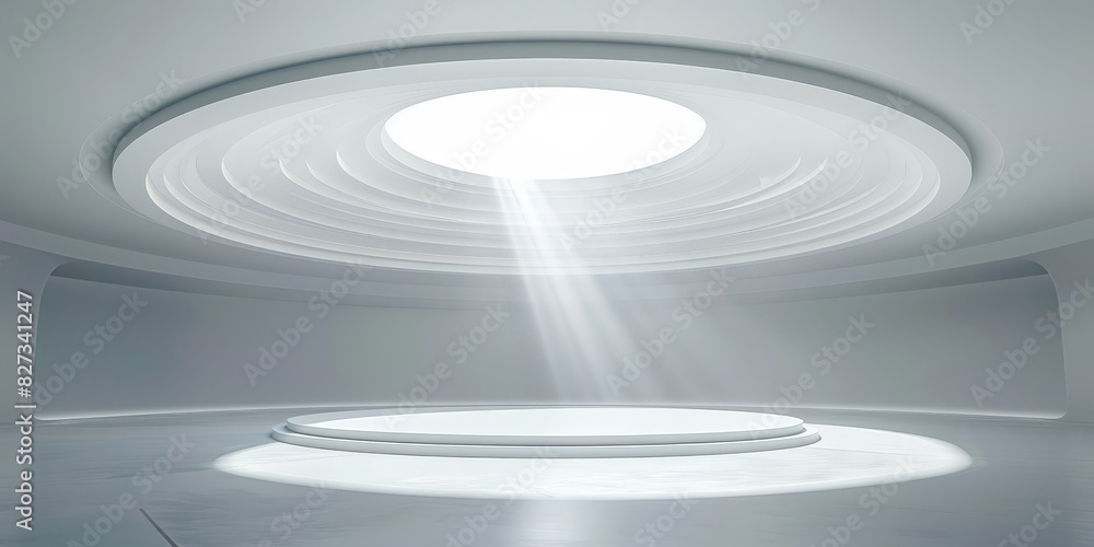 Poster white circular stage with ceiling light on white wall background, minimalist circular stage with amb