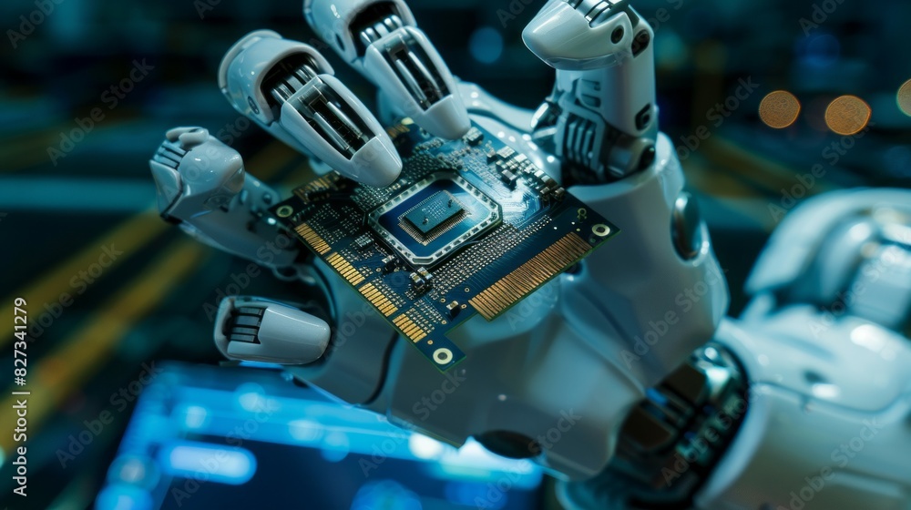 Poster a robot hand holding a computer chip