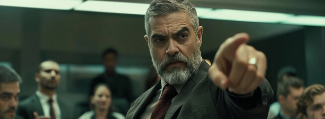 Fototapeta premium An angry boss stands up and points at a seated individual during a team meeting, captured in a cinematic still.