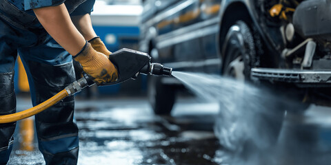 A person using a high-pressure water jet to clean the undercarriage of a vehicle, emphasizing thorough vehicle maintenance