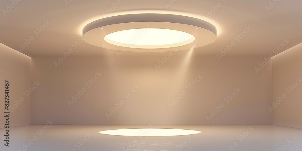 Poster white circular stage with ceiling light on white wall background, minimalist circular stage with amb