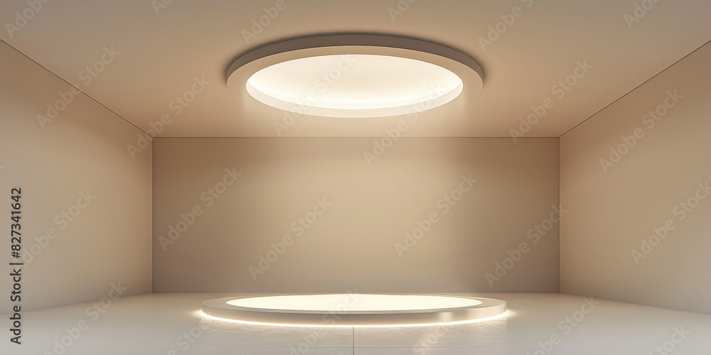 Poster white circular stage with ceiling light on white wall background, minimalist circular stage with amb