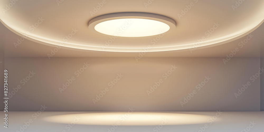 Poster white circular stage with ceiling light on white wall background, minimalist circular stage with amb