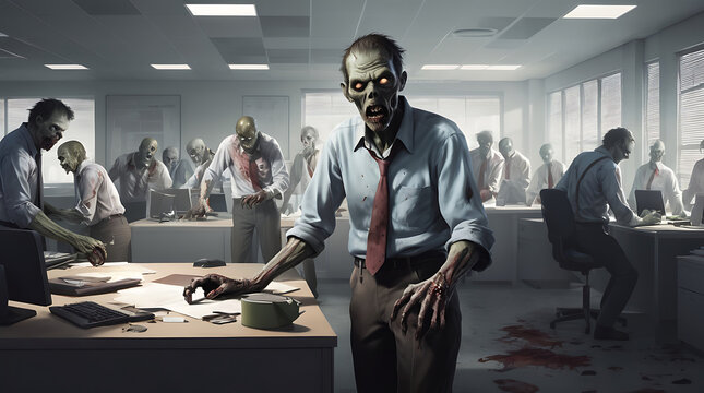 Zombies working in an office with realistic style and with copy space, zombie working employee working concept
