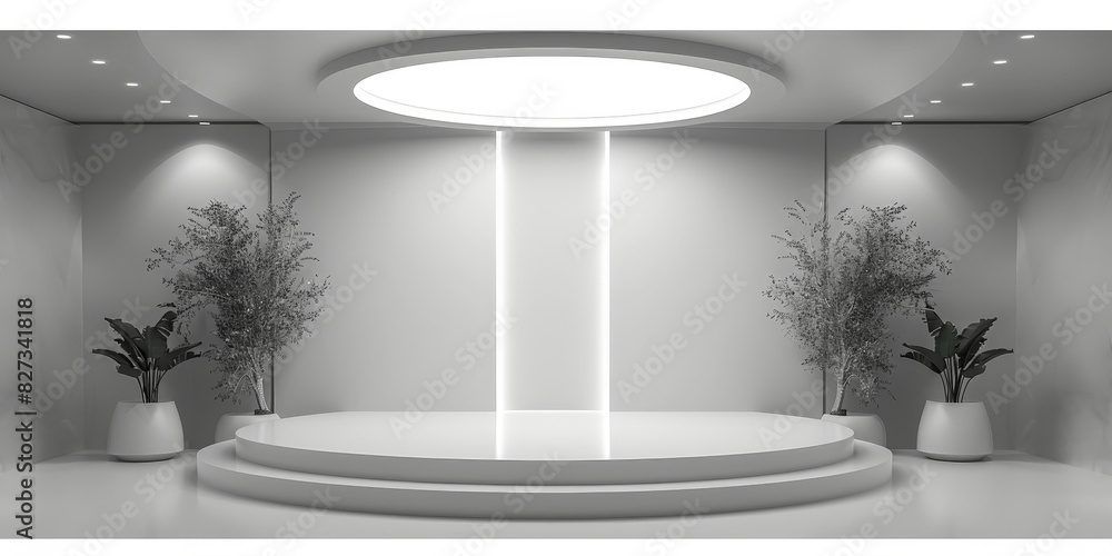 Poster white circular stage with ceiling light on white wall background, minimalist circular stage with amb