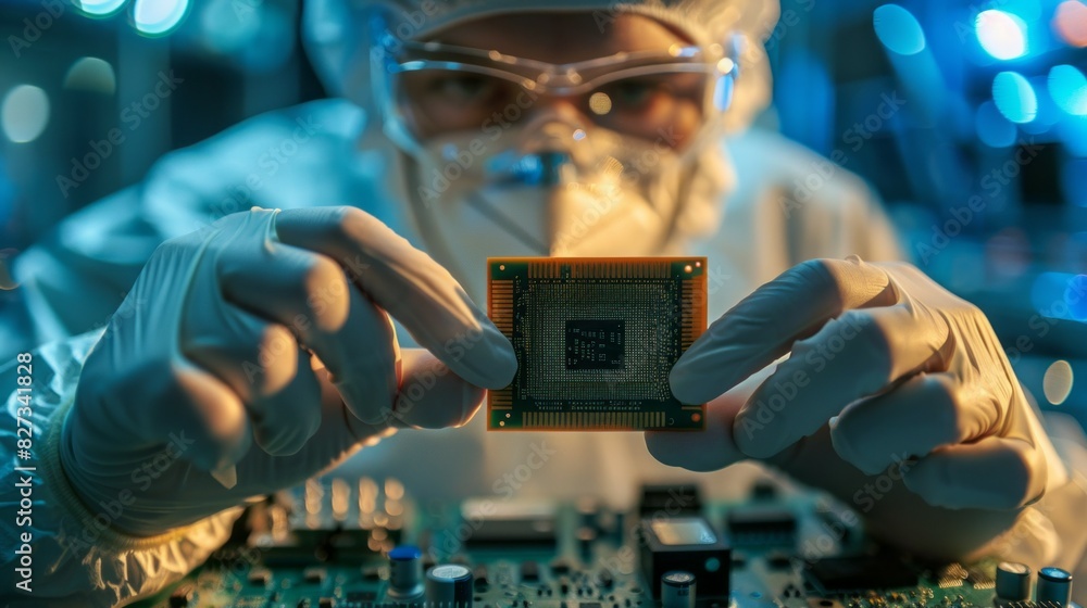 Poster a man in a lab coat is holding a computer chip in his gloved hand
