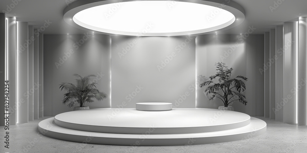 Poster white circular stage with ceiling light on white wall background, minimalist circular stage with amb