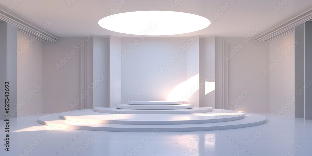 Poster white circular stage with ceiling light on white wall background, minimalist circular stage with amb
