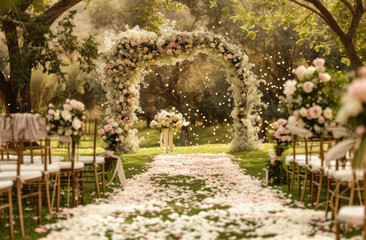 A dreamy garden wedding ceremony decor featuring an arch adorned with delicate white and pink flowers