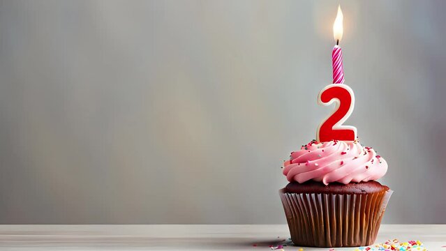 Birthday cupcake with lit birthday candle. Number two for two years or second anniversary.