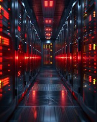 A long, dark hallway with red lights on the walls and floor. There are servers on both sides of the hall.