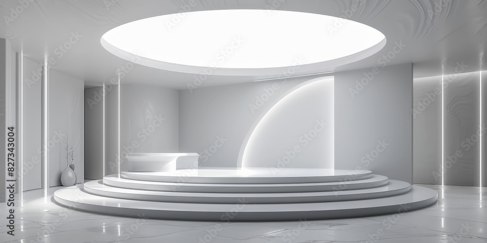 Poster white circular stage with ceiling light on white wall background, minimalist circular stage with amb