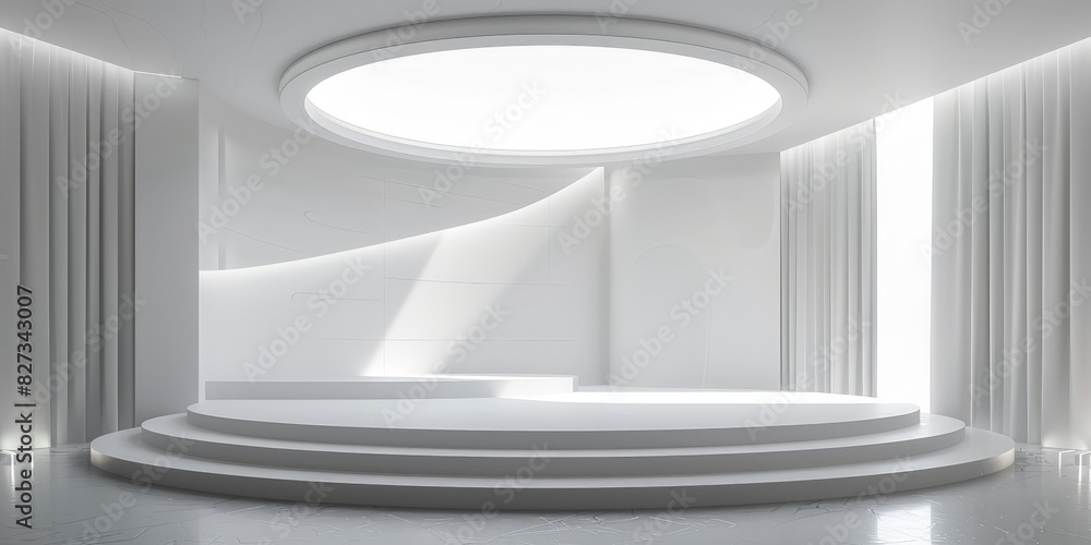 Poster white circular stage with ceiling light on white wall background, minimalist circular stage with amb