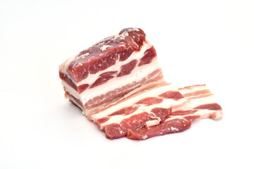 Pieces of raw pork belly isolated on white. High quality photo