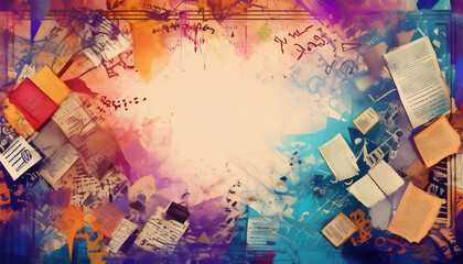 Fototapeta premium A vintage collage with empty paper space artfully combines old papers and grunge paint splashes, evoking a sense of nostalgia. Copy space.