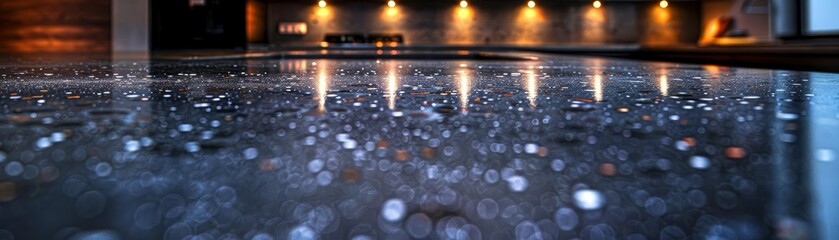 A polished concrete countertop with a high gloss finish that reflects light, emphasizing the stone chips within, blacklight effect