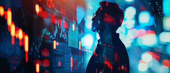 Stock market graph close up, focus on, copy space Dynamic lines, bright indicators Double exposure silhouette with businessman