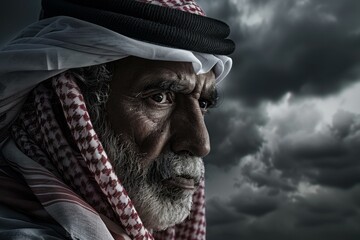 Closeup of a senior arab man in a keffiyeh looking thoughtfully against a stormy sky