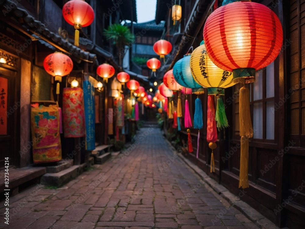 Poster An array of multicolored paper lanterns festooning the alleys of a historic Asian quarter.