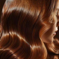 Naklejka premium A close up view of a bunch of shiny curls brown hair. beautiful healthy long smooth flowing