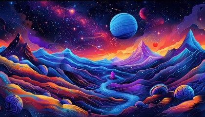 A record cover featuring a cosmic scene with planets and stars, designed in a vibrant, psychedelic style, blacklight effect