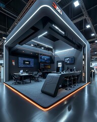 stand design, 32sqm, showing case DJI Products, DJI Colors applied, two screens attached table in the middle of the stand