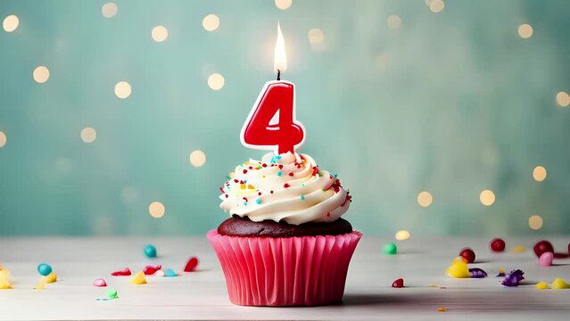 Birthday cupcake with lit birthday candle. Number four for four years or fourth anniversary.