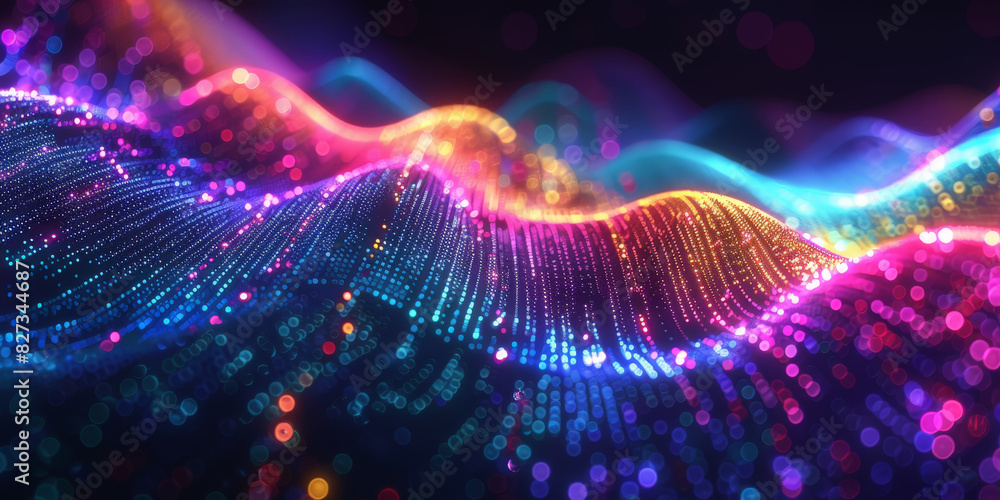 Poster glowing data lines on a black background,neon light trails with digital particles in motion creating