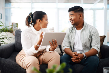 Happy, businesspeople and discussion in office with tablet in company for teamwork or planning....