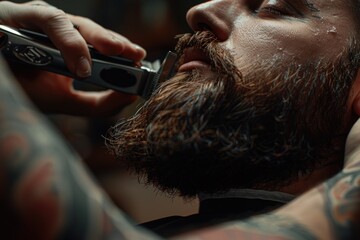 barber's hands trimming a beard with clippers