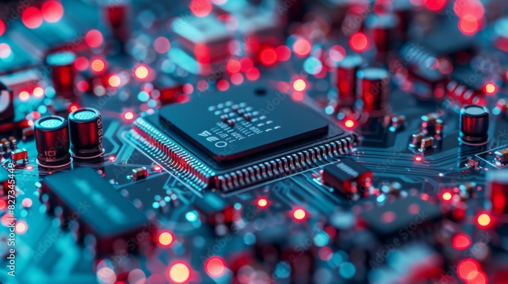 Poster a computer chip is lit up with red and blue lights