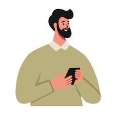 Man holding a phone in his hands, working online, freelance concept. Office worker, businessman, online consultations illustration. Flat vector style. Isolated on a white background 