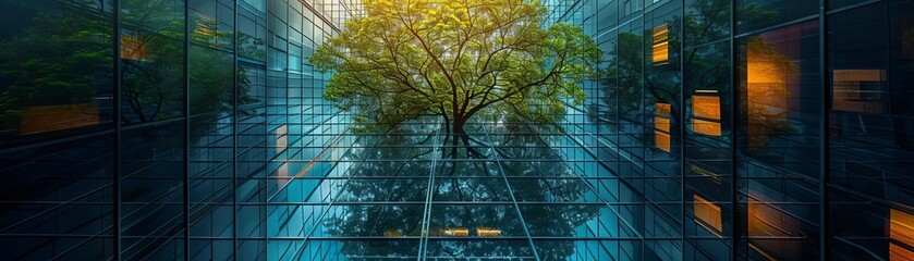 Sustainble green building Ecofriendly building Sustainable glass office building with tree