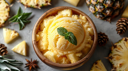 Wide banner photo of delicious scoop of pineapple ice cream sorbet on a icecream cup with fruit pieces around in white background 