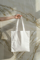 white mock-up bag,blank white tote bag mockup, with no wrinkles or creases on the front of the canvas fabric texture, on display in a minimalist.