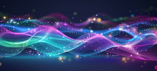 Obraz premium Abstract background with digital waves and glowing dots on dark blue