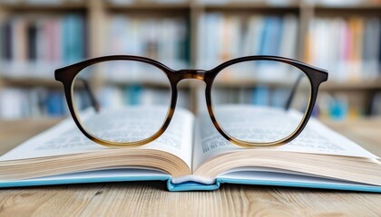 Chic eyeglasses adjacent to a book against a bookshelf backdrop for a stylish look