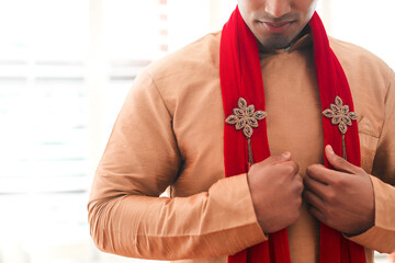 Indian groom, wedding and scarf for ceremony, attire and clothes for man, culture and traditional...