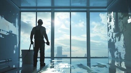Fototapeta premium A plasterers silhouette against a midrange view background filled with photorealistic images of plaster application, interior wall finishing, and building decoration