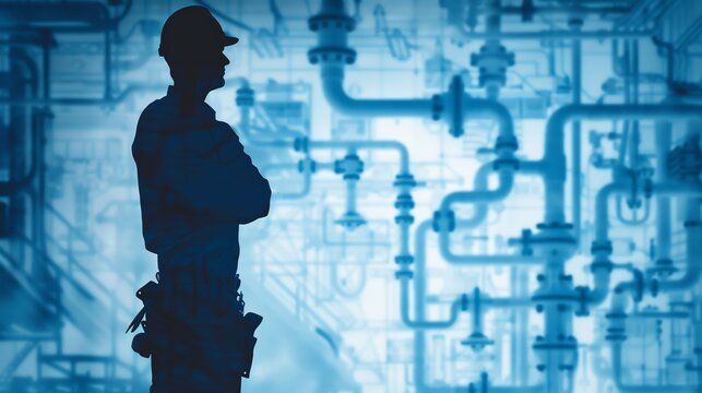 A plumbers silhouette against a midrange view background filled with photorealistic images of plumbing installations, pipes, and residential construction