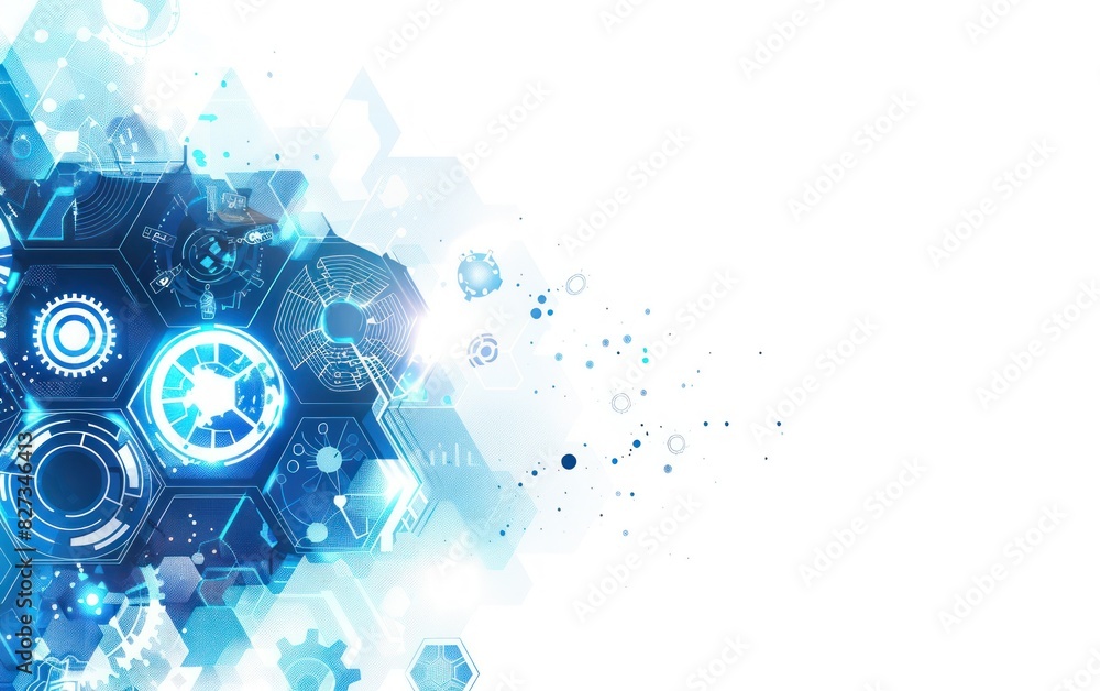 Poster abstract light blue background with blurred white gradient and digital data technology elements
