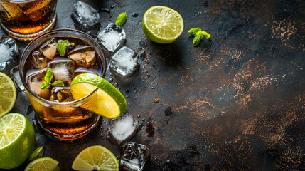 Cuba Libre with brown rum, cola, mint and lime. Cold Longdrink, alcohol cocktail.,Place for text, dark background,Fresh mojito on a rustic table